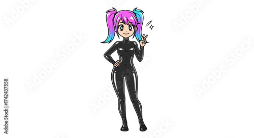Vibrant manga girl in sleek catsuit strikes a victory pose with playful flair image