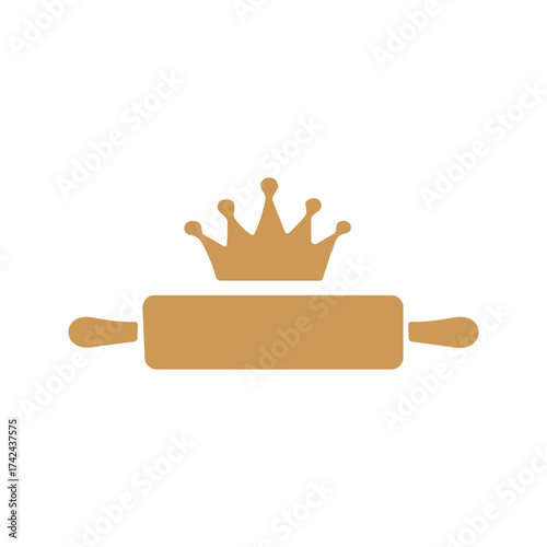 A beige crown sits atop of a rolling pin on a white background, giving the impression of royalty in the realm of pastry or food.