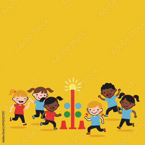 Diverse children enthusiastically running in a game with playful obstacles