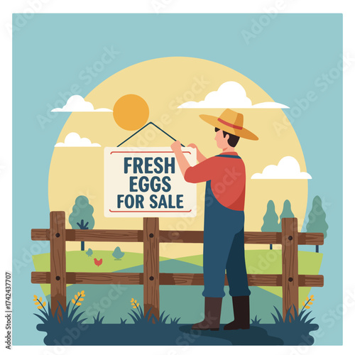 Farmer hangs "Fresh Eggs for Sale" sign in a sunny, rural setting