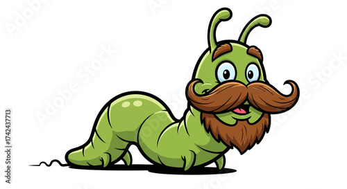 Whimsical caterpillar character with distinguished mustache and beard on a plain background