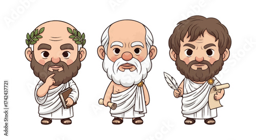 Whimsical Cartoon depiction of the ancient Greek Philosophers imparting wisdom and philosophy