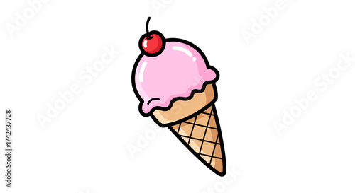 Whimsical delight a single scoop of strawberry ice cream in a waffle cone with cherry