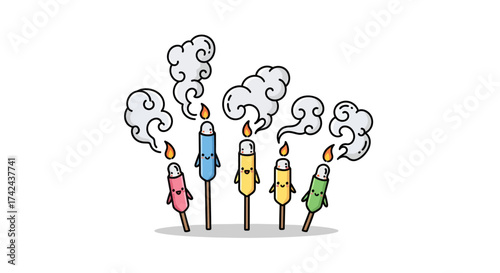 Whimsical celebratory sparklers with faces emitting smoky trails for festive occasions