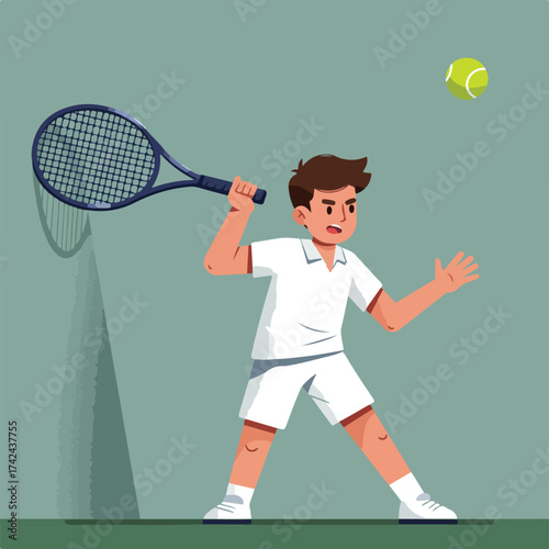 Young athlete in white uniform plays tennis, swings racket at ball