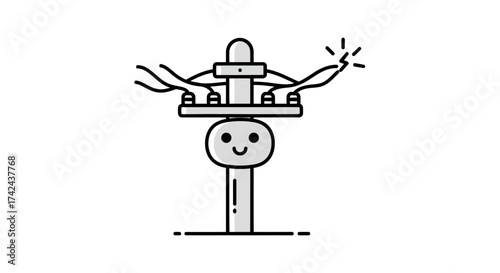 Whimsical electricity tower with smiling face and sparking wire in minimalistic style