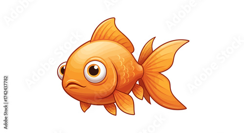 Whimsical goldfish illustration in vibrant orange hues with expressive eyes, isolated on white