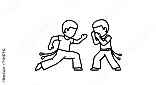 Minimalist line drawing displaying two figures engaging in Capoeira martial arts style
