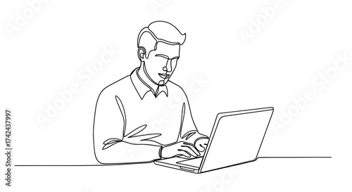 Minimalist line illustration depicting a focused professional using a laptop computer skillfully