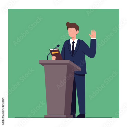 Man in suit at podium raises hand, holding book