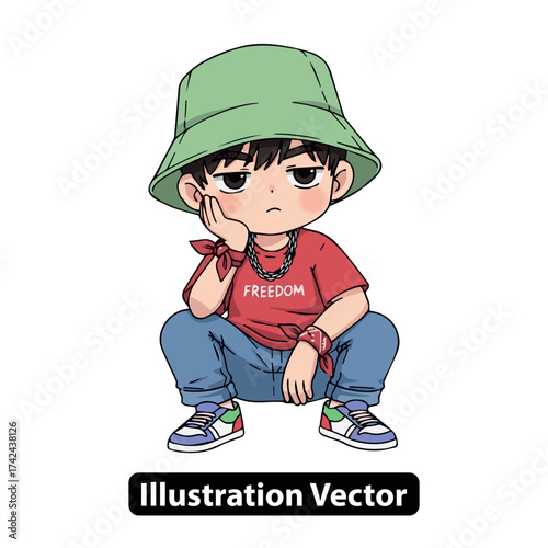 Trendy animated young boy in a bucket hat, showcasing a cool urban style and a carefree youthful concept