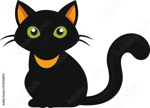 Cute cartoon black cat with green eyes and orange collar sitting