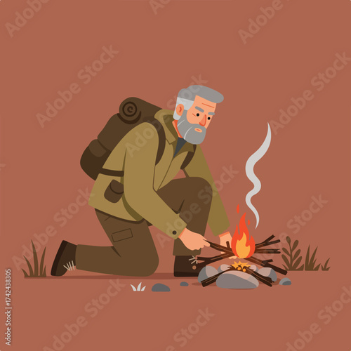 An elderly man with a backpack kneels, tending a small campfire