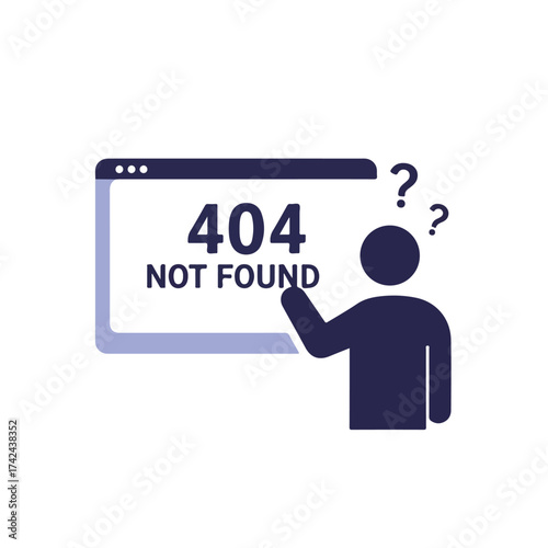 Error icon person confused by "404 Not Found" on a webpage