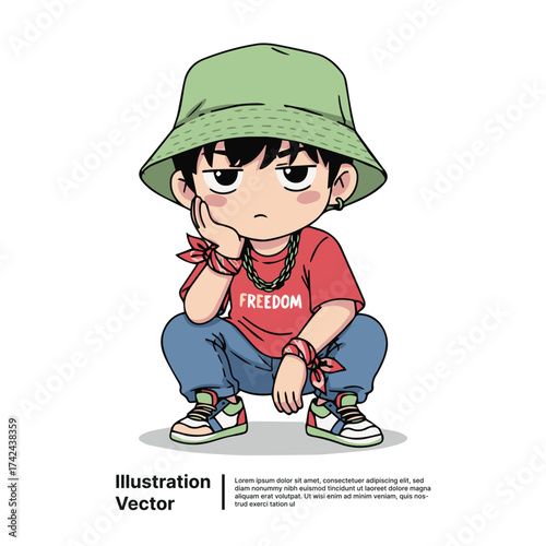 Stylish urban youth illustration featuring a relaxed boy in a green bucket hat and contemporary street fashion