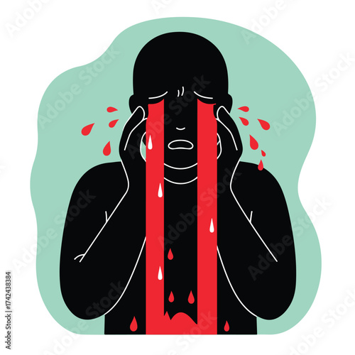 A black figure with red tears cascading down their face, hands covering ears