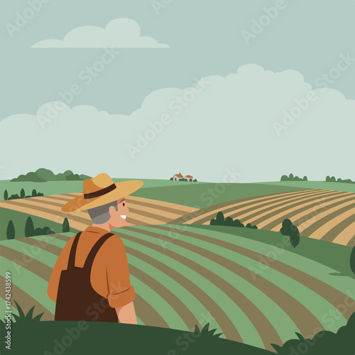 A farmer in a hat surveys rolling, striped fields under a cloudy sky