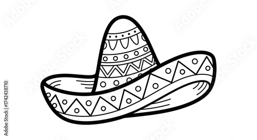 Stylized graphic illustration of a traditional sombrero with intricate patterns