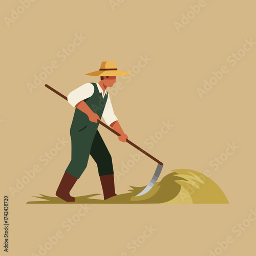 A farmer in a straw hat and overalls uses a scythe to harvest a pile of hay