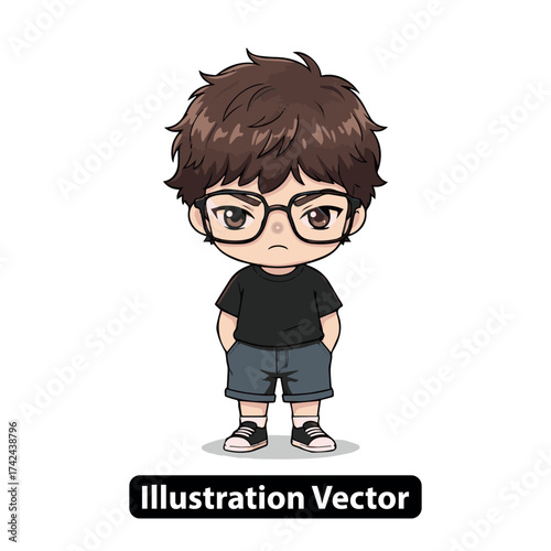 Cute animated boy character illustration wearing glasses and a focused expression, versatile design asset
