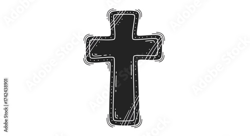 Stylized monochrome christian cross symbol with hand drawn elements design icon