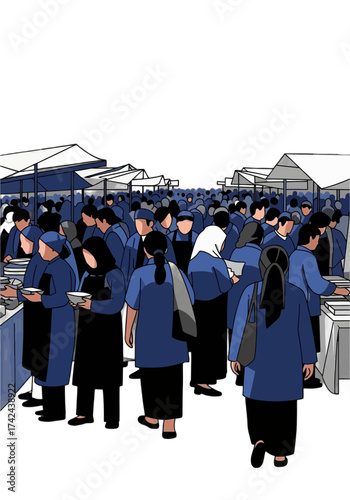 Crowded Flat Vector Illustration of an Outdoor Market