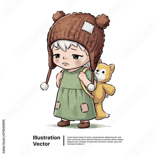 Heartfelt illustration of a sad little girl with her comforting teddy bear, depicting childhood innocence