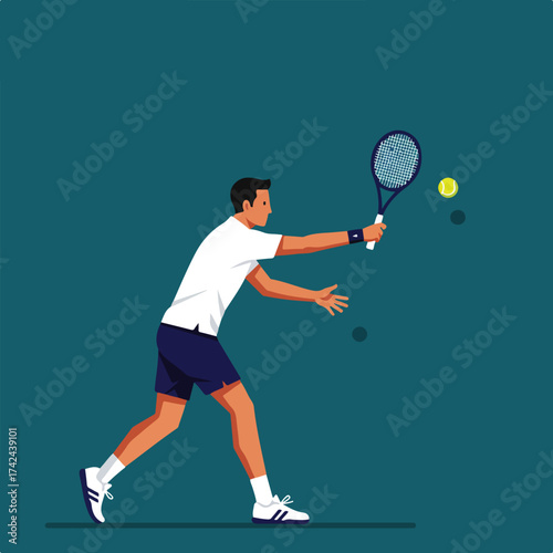 Man in athletic wear swings racket at tennis ball in minimalist style