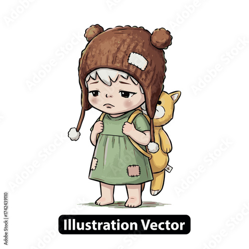 Melancholy Young Child with Bear Hat and Plush Companion in a Heartfelt Vector Illustration