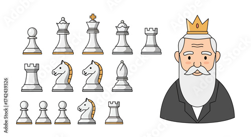 Symbolic portrayal of strategy and wisdom: Chess pieces with a sagacious king illustration