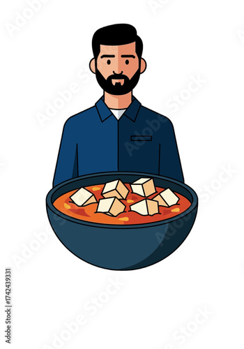 Bearded Man Holding a Bowl of Paneer Curry