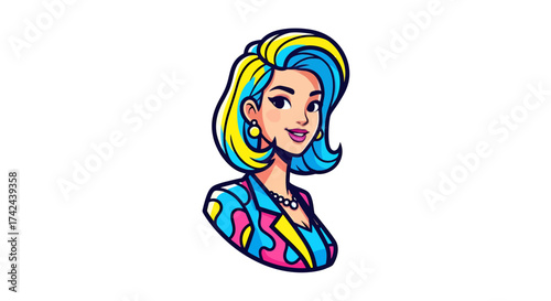 Vibrant cartoon woman with distinctive hairstyle and a patterned blazer illustration