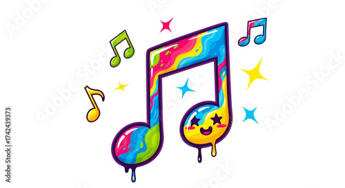 Vibrant musical notes with melting paint design against a bright white background