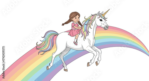 Whimsical adventure girl astride unicorn leaping over rainbow bridge dreamlike fantasy illustration