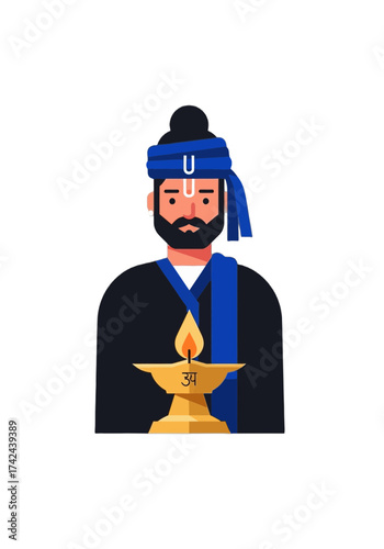 Flat Vector Illustration Hindu Man Holding Traditional Diya