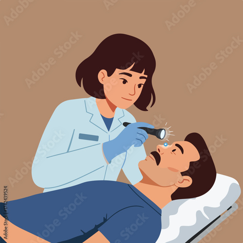 Doctor examines patient's nose with flashlight