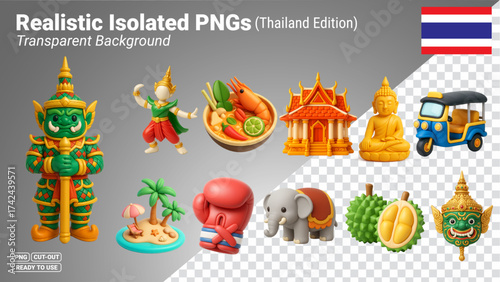 Thailand culture icons set 3D illustration Transparent PNG file ready to be used.