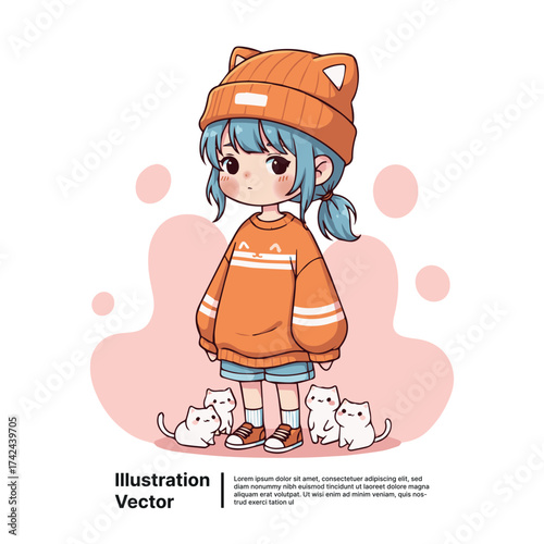 Adorable anime girl in cozy orange sweater and cat-ear beanie surrounded by playful kittens