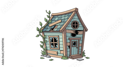 Whimsical dilapidated house with overgrown vines and broken windows, a cartoon illustration