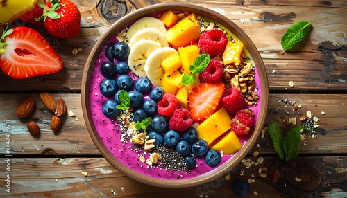 Top-down view of a vibrant superfood smoothie bowl, artfully decorated with fresh berries, bananas, mango, and granola for a healthy breakfast