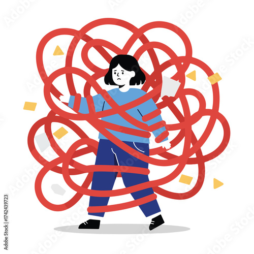 Person entangled in a chaotic red web, struggling with a piece of paper