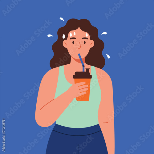 Sweaty person drinks from orange cup with blue straw