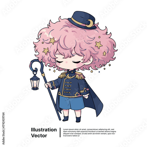 Adorable magical character with sparkling pink hair and a celestial lantern guiding through dreamy realms