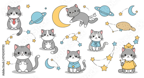Whimsical feline constellations and planetary motifs playful digital paper design