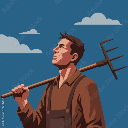 A man with brown overalls and a shirt holds a pitchfork over his shoulder under a blue sky with clouds