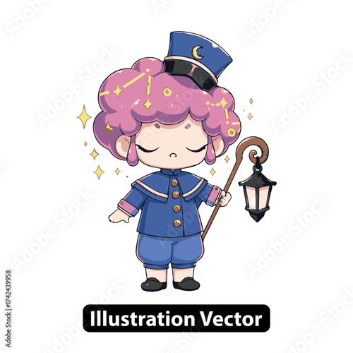 Whimsical Dreamer with Star-Dusted Pink Hair, Holding a Magical Lantern and Shepherd's Staff