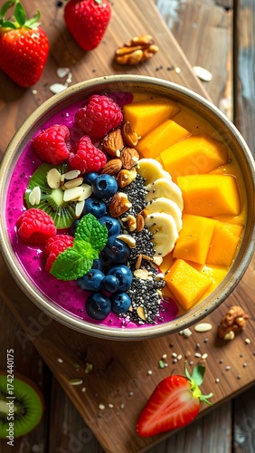 Top view of a delicious and healthy smoothie bowl topped with fresh mango, raspberries, blueberries, nuts, and chia seeds for a nutritious breakfast