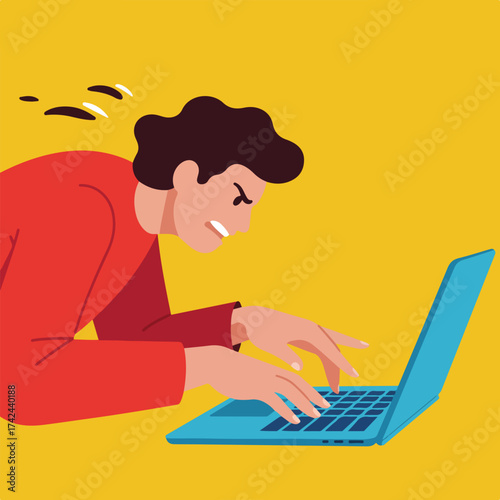 Person intensely typing on a laptop, showing frustration and concentration
