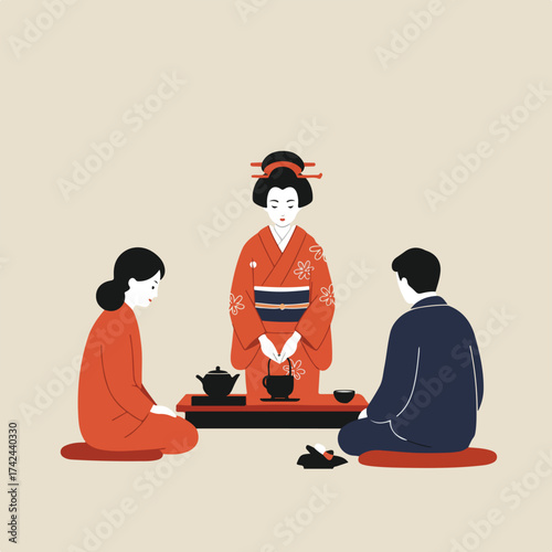A woman in a kimono serves tea to two people