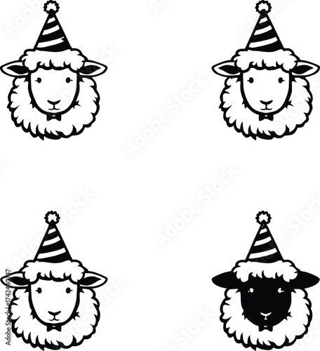 Party Sheep Silhouette Vector Featuring Cartoon Faces in Hats with One Black-Faced Sheep in Playful Line Art Style